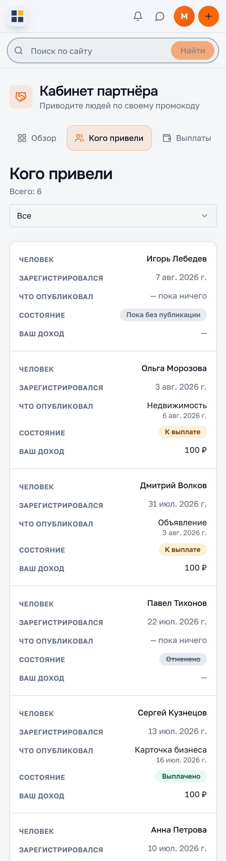 Таблица приведённых людей с состояниями начислений